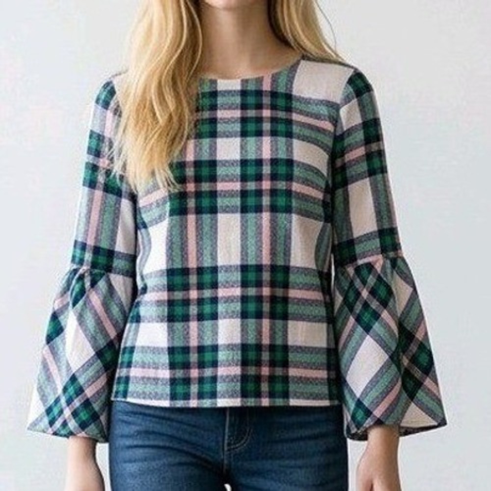 J. Crew Mercantile Top Plaid‎ Bell Sleeve Cotton Preppy Size 2